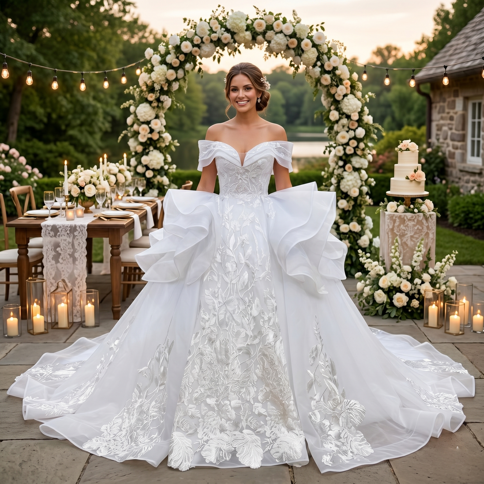 Smiling bride wearing a luxury white ball gown wedding dress with a plunging sweetheart neckline, dramatic side ruffles, and off-the-shoulder straps at a beautiful outdoor garden venue.