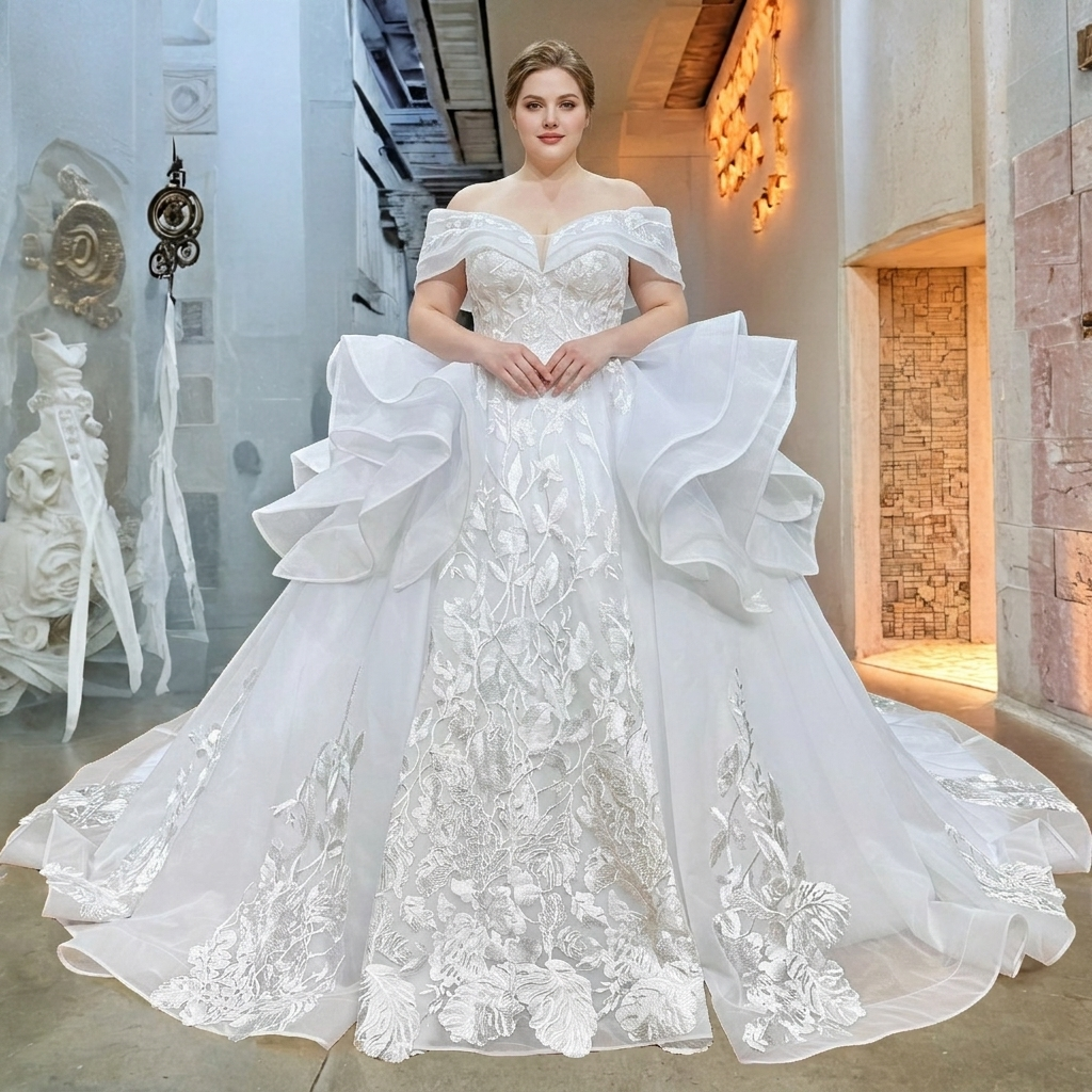 Full-length view of a plus-size model showcasing the dramatic white wedding ball gown featuring layered architectural hip ruffles and an embroidered skirt in a boutique corridor.