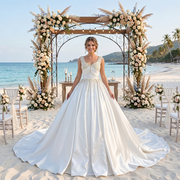 Smiling bride wearing a luxury white satin ball gown wedding dress with a pearl and crystal beaded bodice, standing under a floral archway on a tropical beach wedding set.