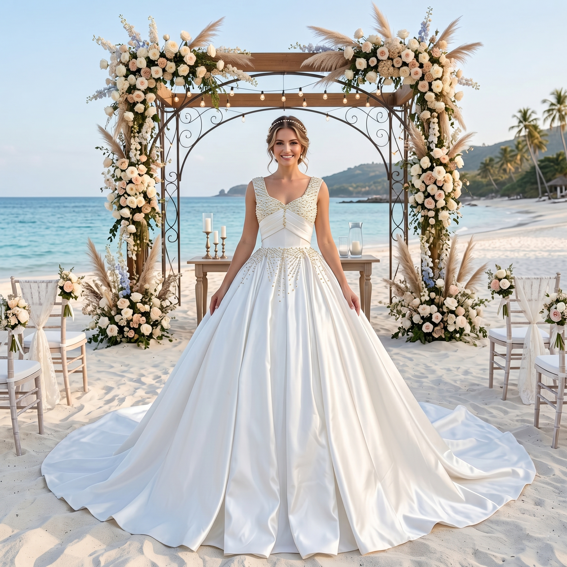 Smiling bride wearing a luxury white satin ball gown wedding dress with a pearl and crystal beaded bodice, standing under a floral archway on a tropical beach wedding set.