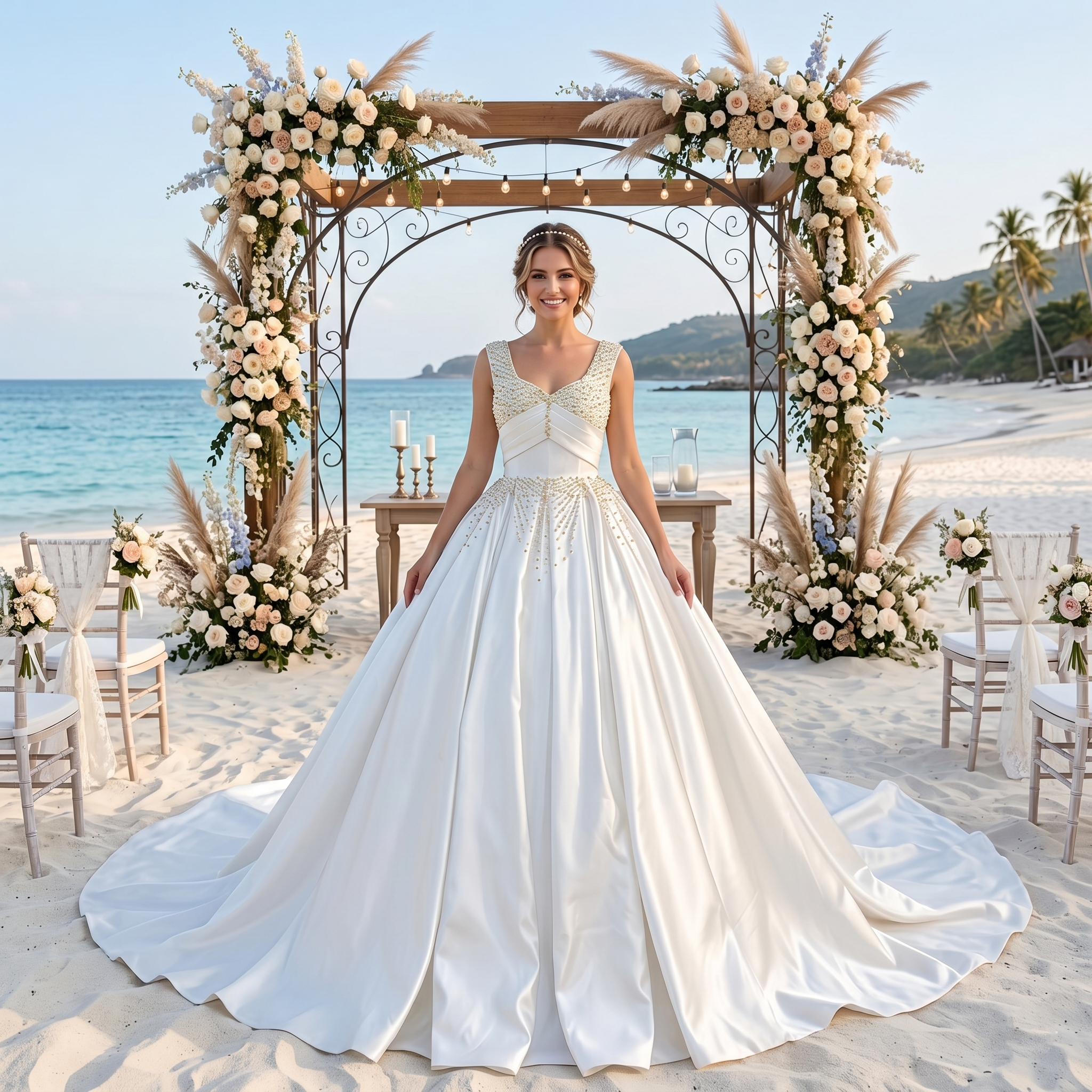 Smiling bride wearing a luxury white satin ball gown wedding dress with a pearl and crystal beaded bodice, standing under a floral archway on a tropical beach wedding set.