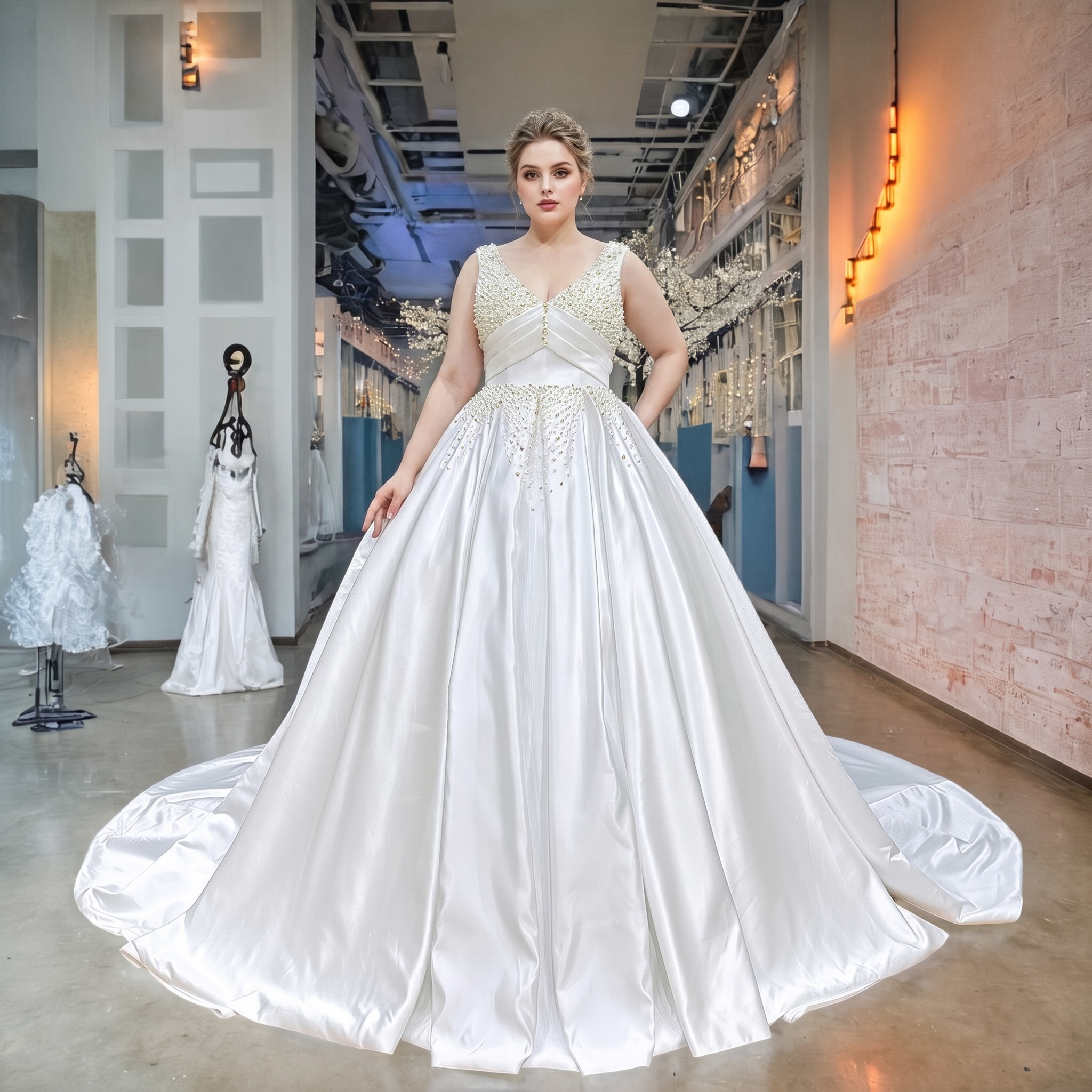 Full-length front view of a plus-size bride modeling a heavy white satin bridal gown with thick embellished straps, a pleated cummerbund waist, and a voluminous cathedral train.