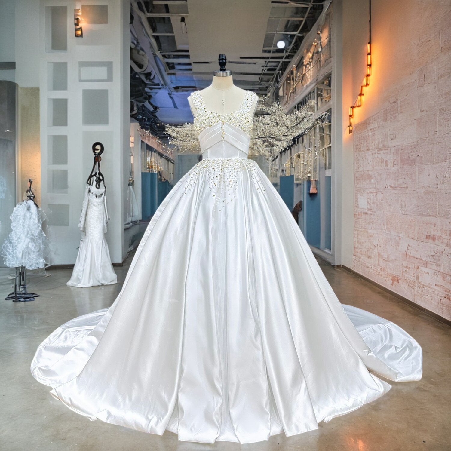 Premium white silk satin princess wedding dress displaying an ornate pearl-encrusted bodice and cascading beadwork down the hips, shown on a mannequin in a boutique showroom corridor.