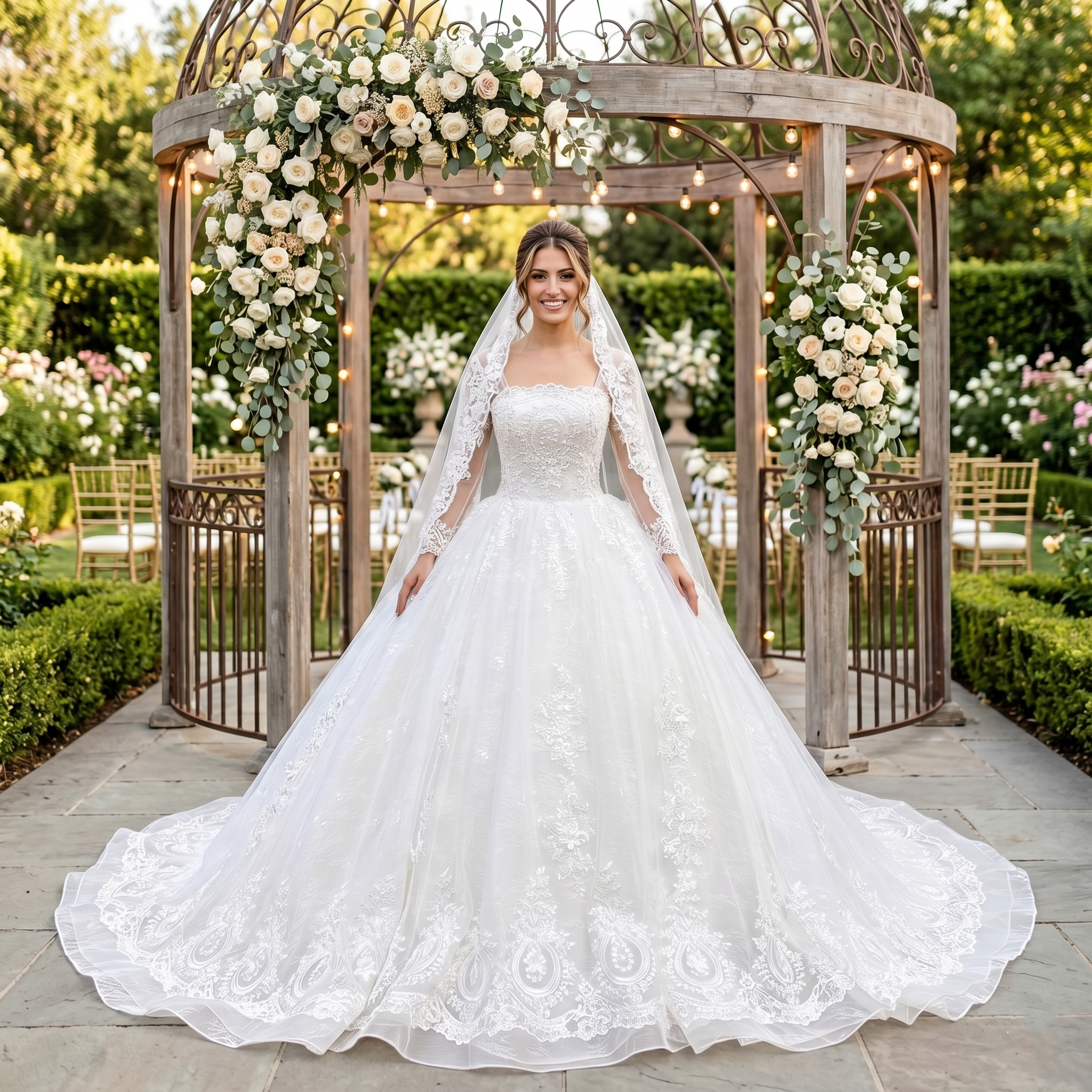 Smiling bride wearing a vintage-inspired white long-sleeve ball gown wedding dress with an illusion square neckline, fine sequined embroidery, and a cathedral train, standing under a garden gazebo.