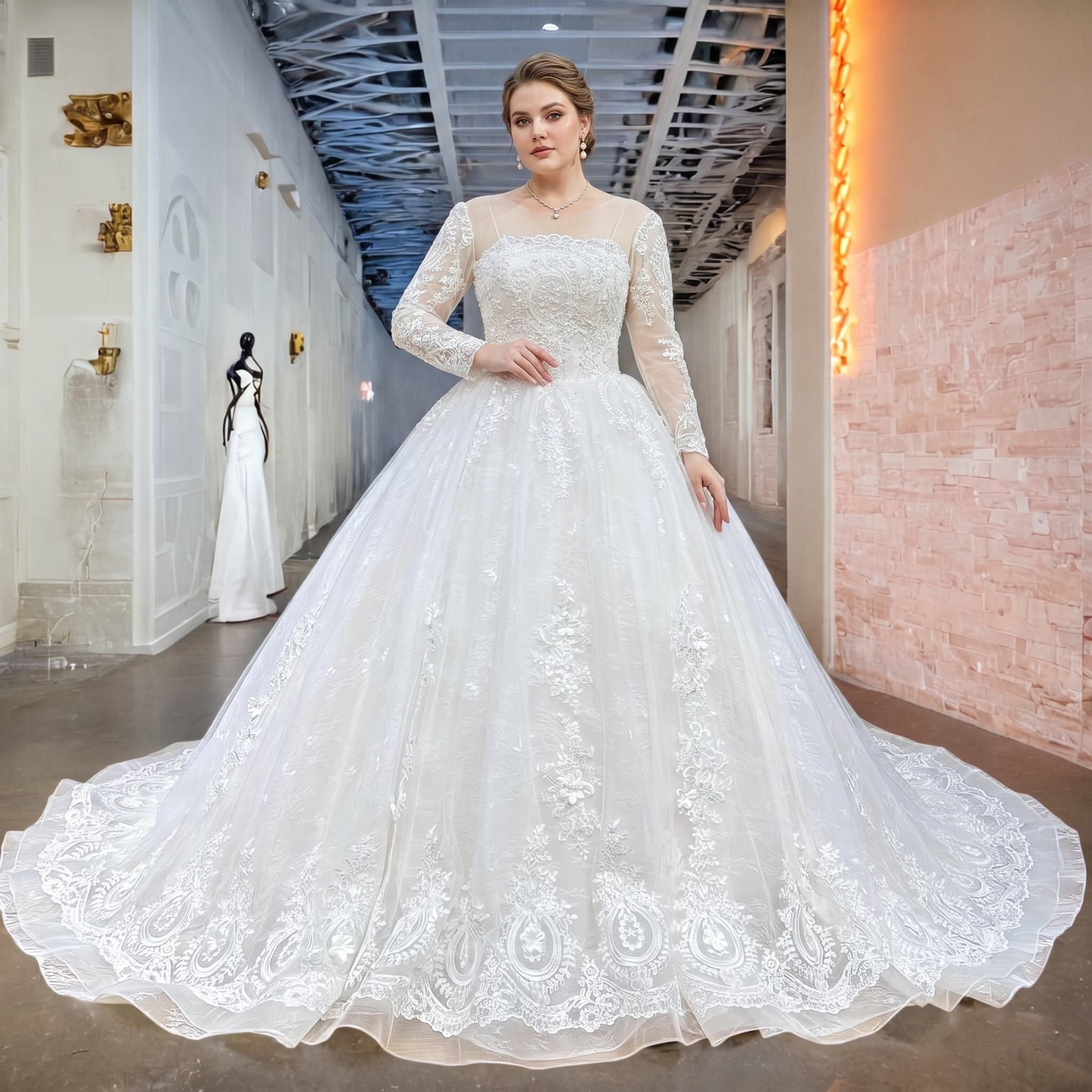 Full-length view of a plus-size bride modeling a classic royal bridal gown featuring sheer lace sleeves, a crystal-embellished bodice, and an expansive scalloped lace train.