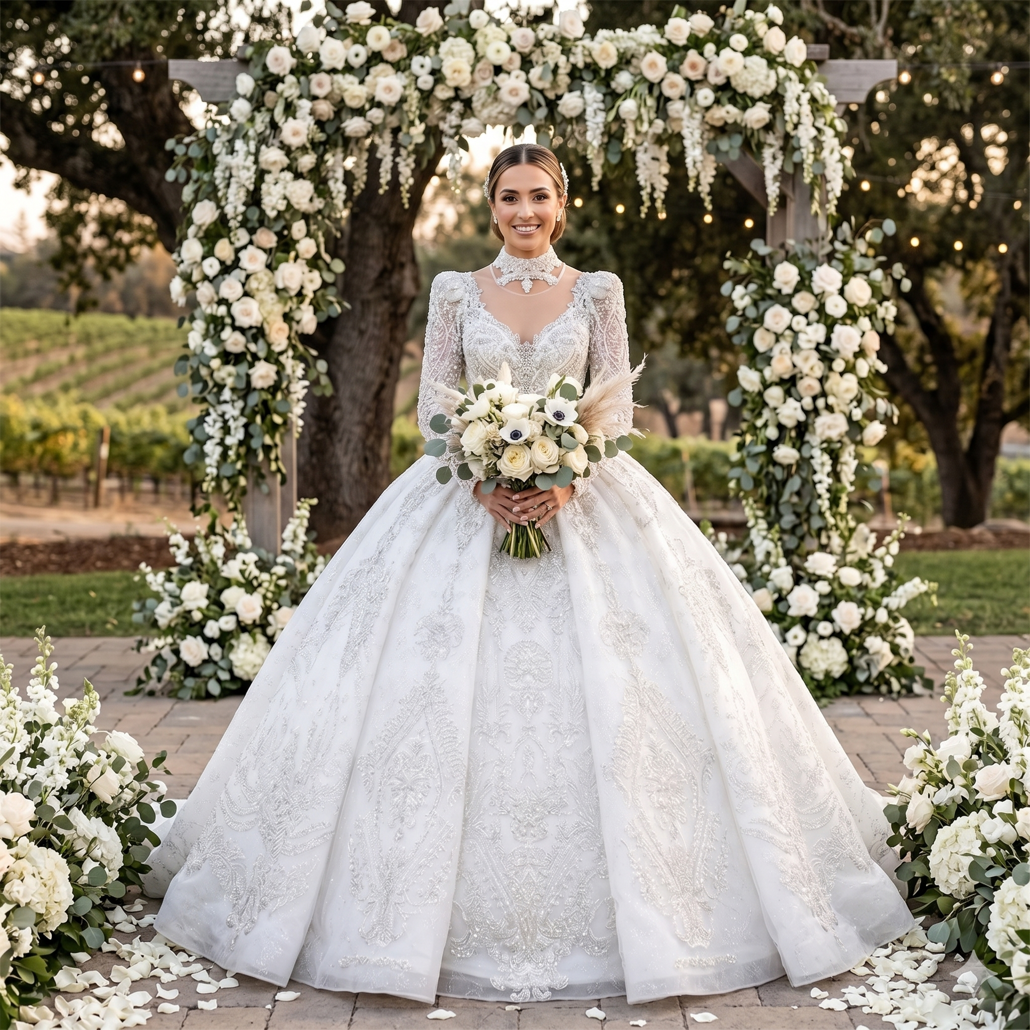 Bride wearing a luxury square collar organza ball gown wedding dress with a heavily beaded crystal bodice at an elegant wedding ceremony.
