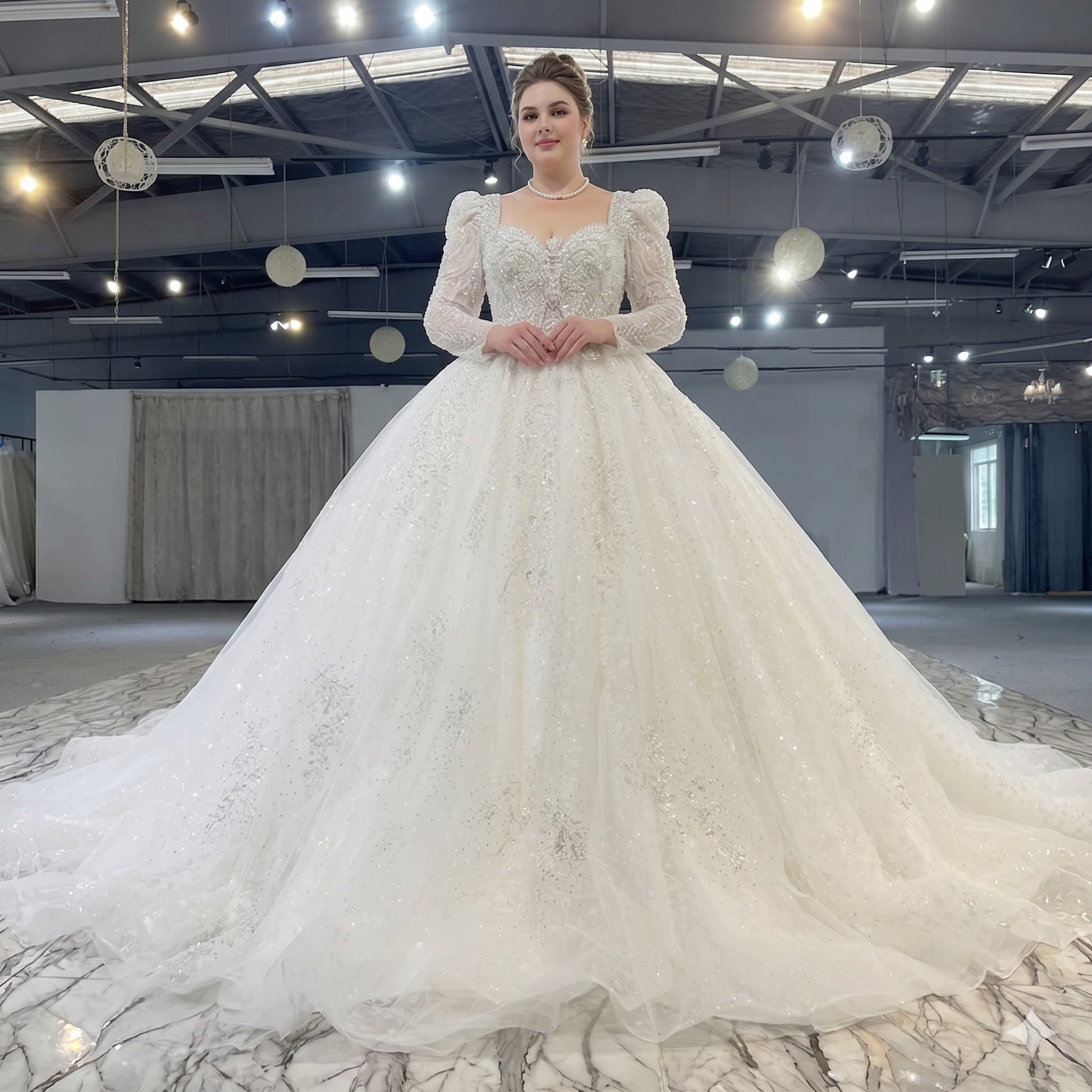Model showcasing a romantic square neck bridal gown featuring intricate silver crystal embellishments and a voluminous layered organza skirt.