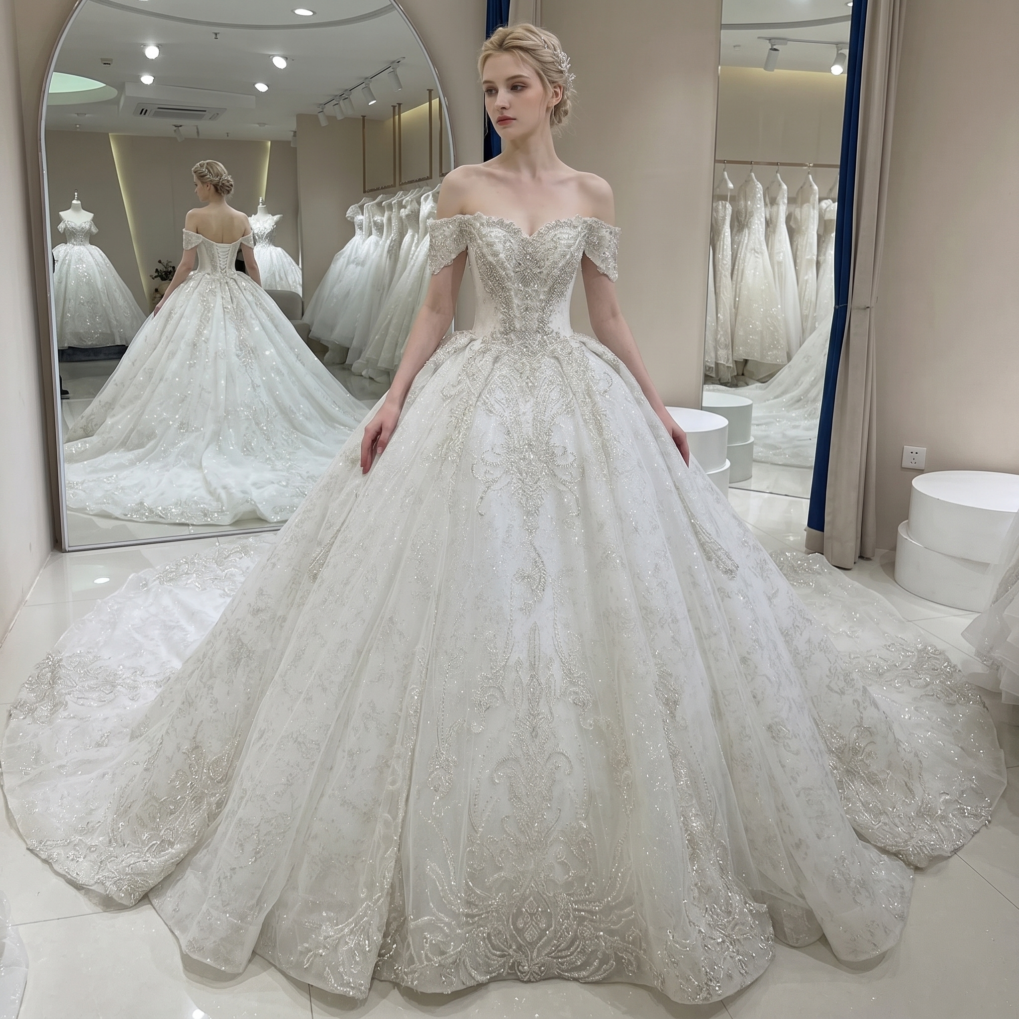 Full front-side view of a gorgeous white off-shoulder sleeveless wedding dress featuring heavy crystal beading and a voluminous, shimmering ball gown skirt.