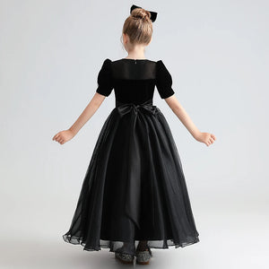 Black Puff Sleeves Girls Dress Corduroy Tulle Party Gown