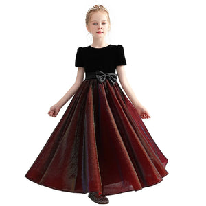 Maroon Bow Sashes Girls Formal Dress Corduroy Girl Party Dress