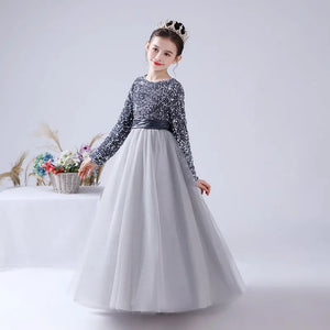 Sparkling Pageant Party Princess Gown Long Sleeve Flower Girls Dress