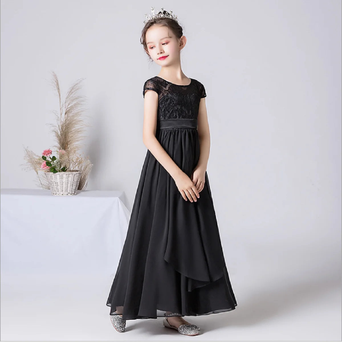 Black Chiffon Lace Junior Bridesmaid Dress for Girls Wedding Party Communion