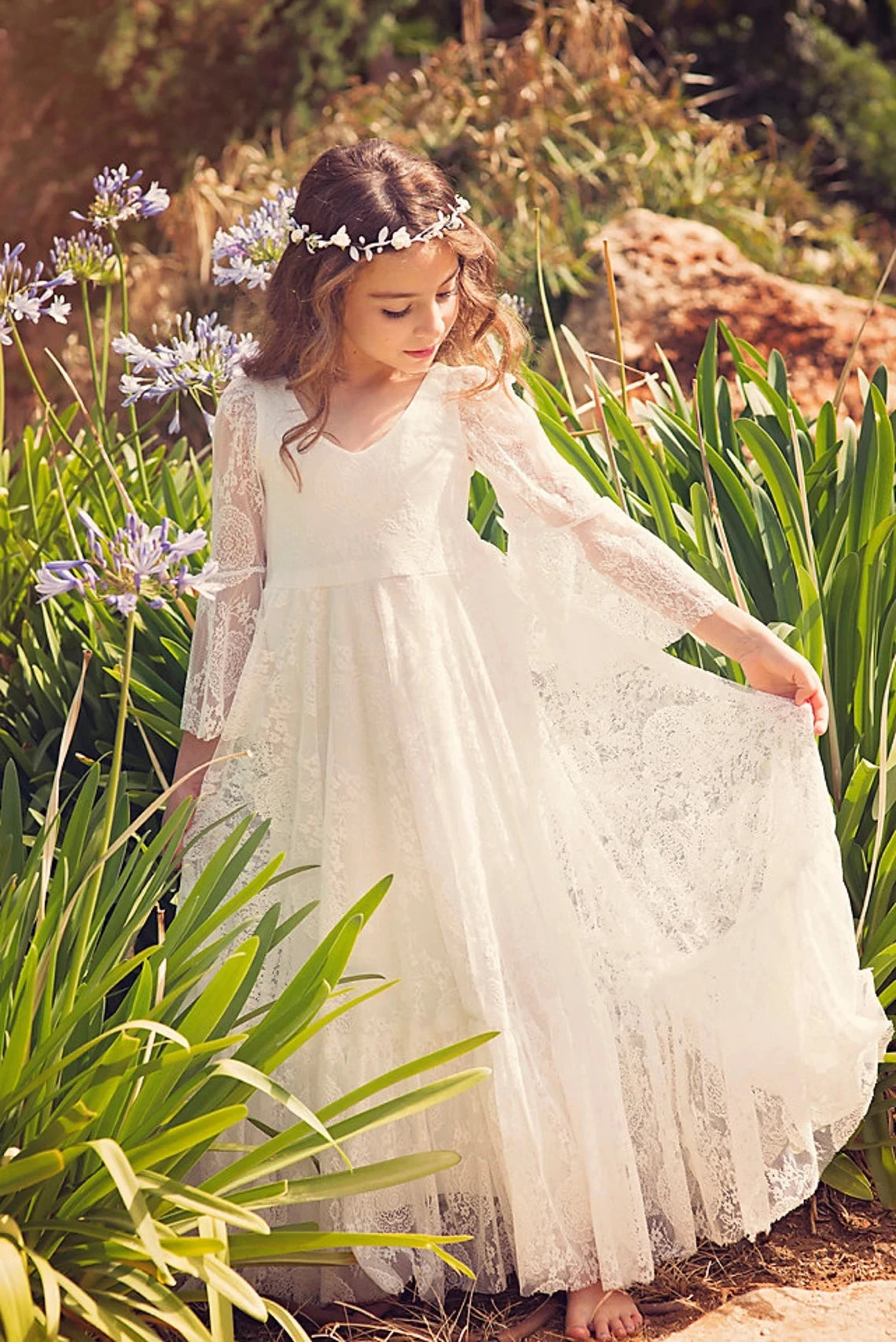 boho communion dresses White Ivory Lace Boho Flower Girl Dresses 2019 First Communion Dress Princess