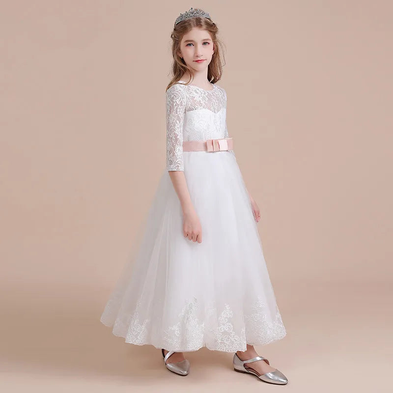 White Lace Long Half Sleeve Tulle Flower Girl Dress