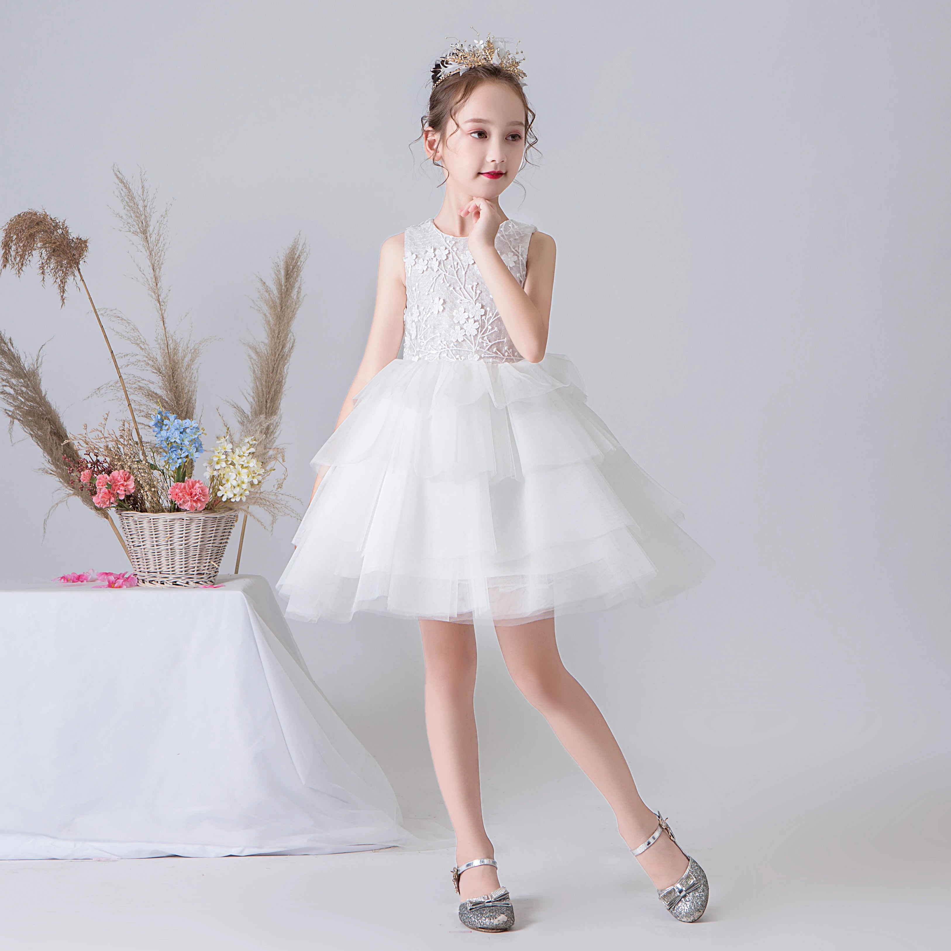 White Pleats Tulle Short Formal Tutu Princess Dress Pageant Gown