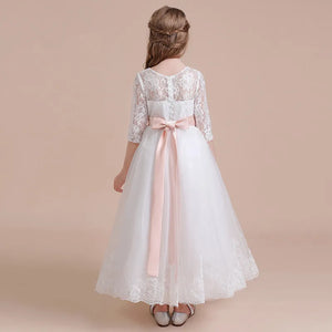 White Lace Long Half Sleeve Tulle Flower Girl Dress