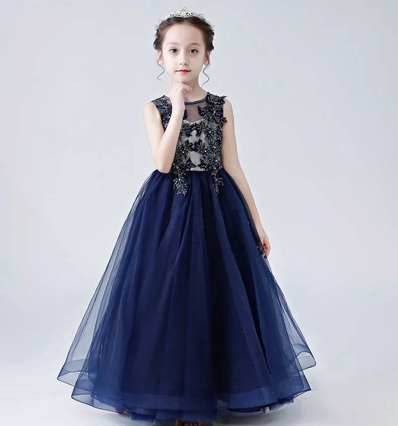 Navy Blue Flower Girl Junior Bridesmaid Dress Kids Pageant Gown Childr – Elsi John