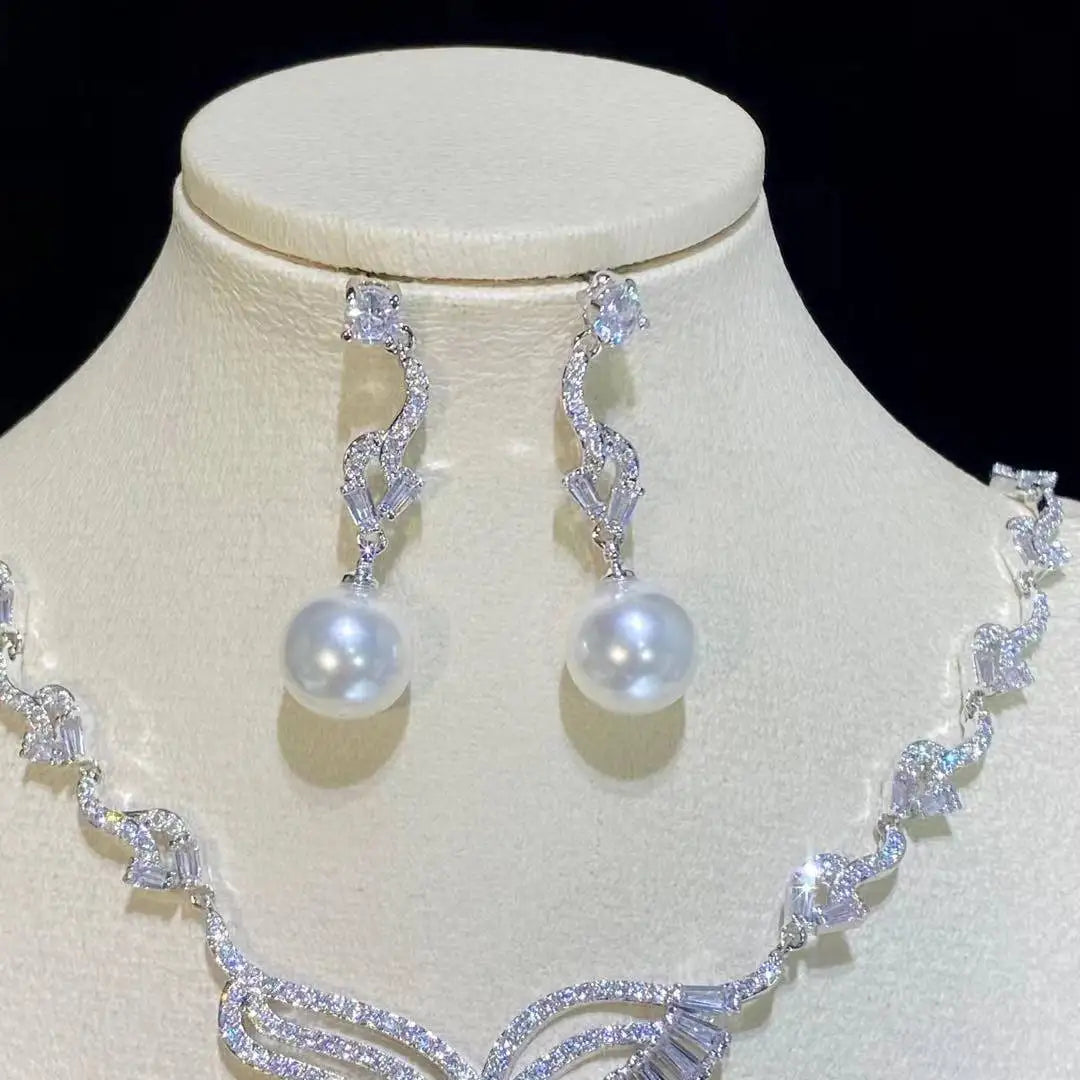 Elegant Pearl & Cubic Zirconia Jewelry Set – Wedding & Party Gift for Women