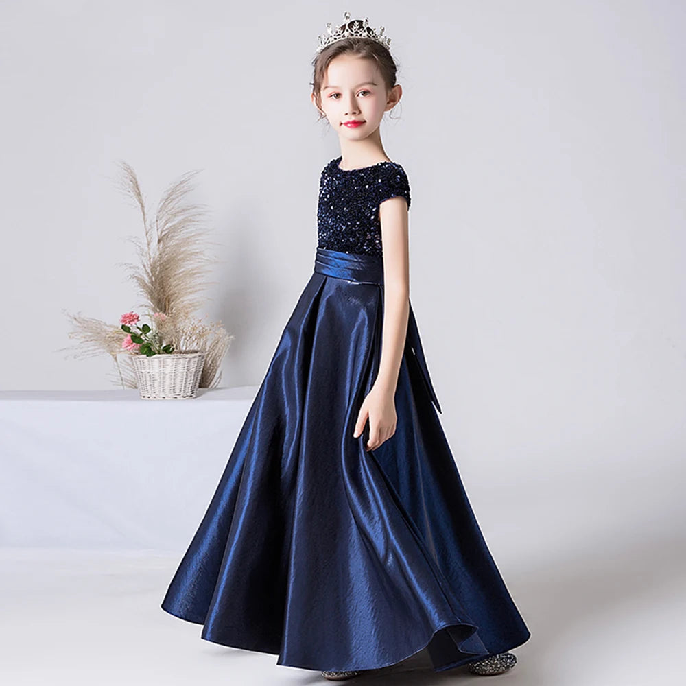 Elegant Satin Sequin Girl Dress Formal Princess Party Gown