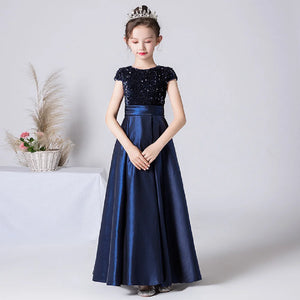 Sequin Girl Dresses Sashes Satin Formal Princess Gown Party Dress