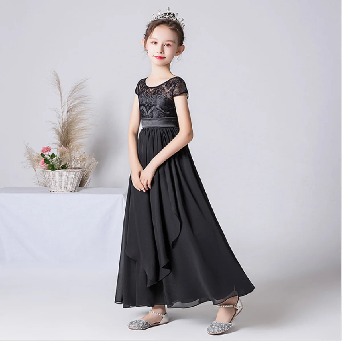 Black Chiffon Lace Junior Bridesmaid Dress for Girls Wedding Party Communion