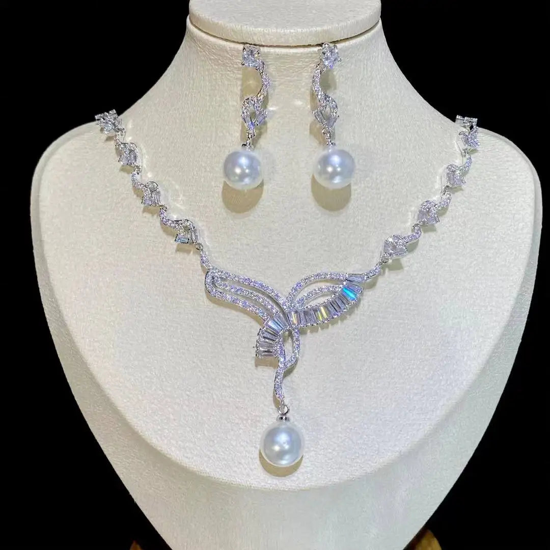 Elegant Pearl & Cubic Zirconia Jewelry Set – Wedding & Party Gift for Women