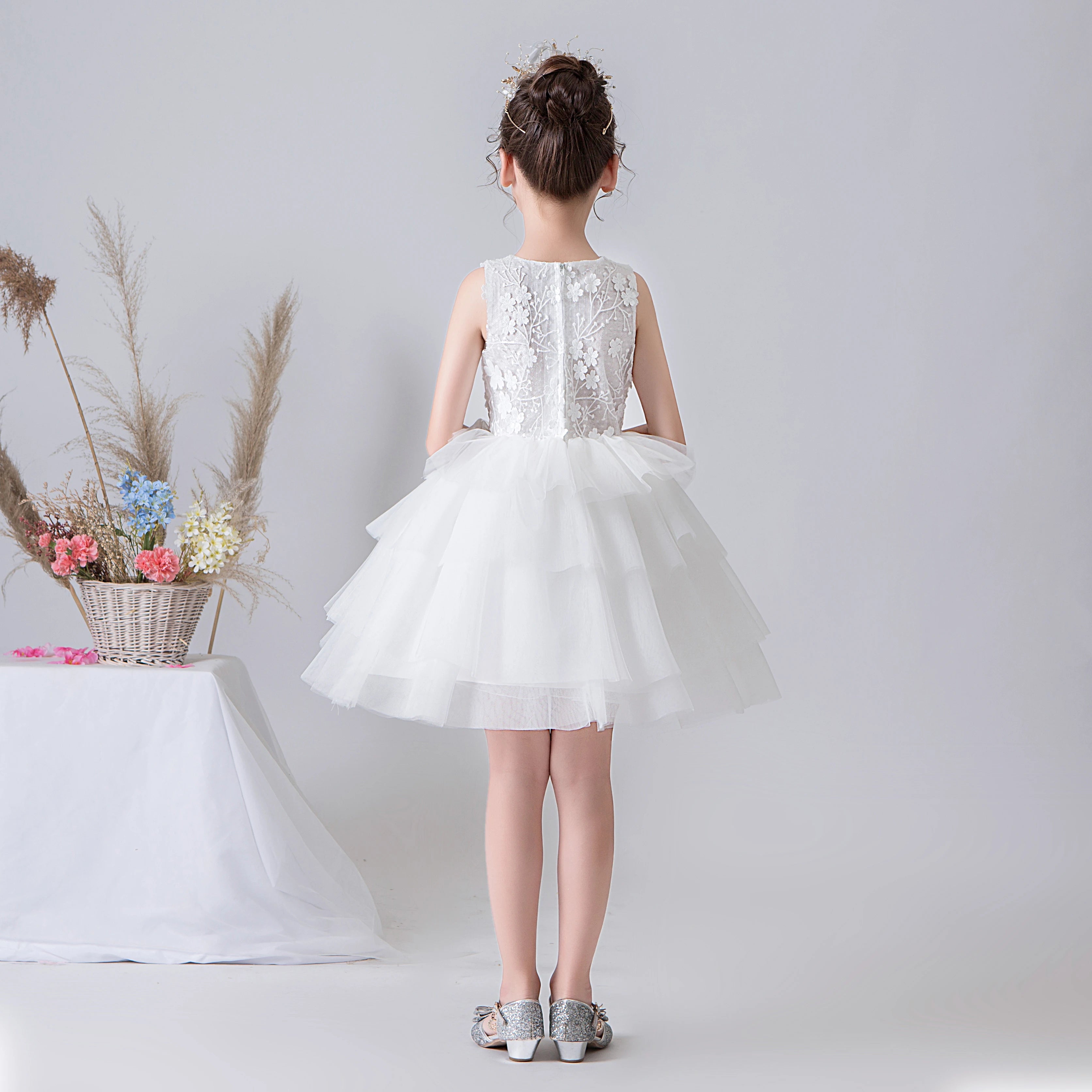 White Pleats Tulle Short Formal Tutu Princess Dress Pageant Gown