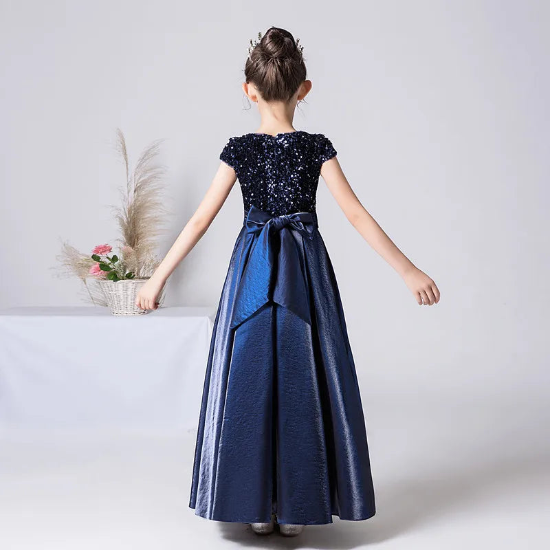 Sequin Girl Dresses Sashes Satin Formal Princess Gown Party Dress