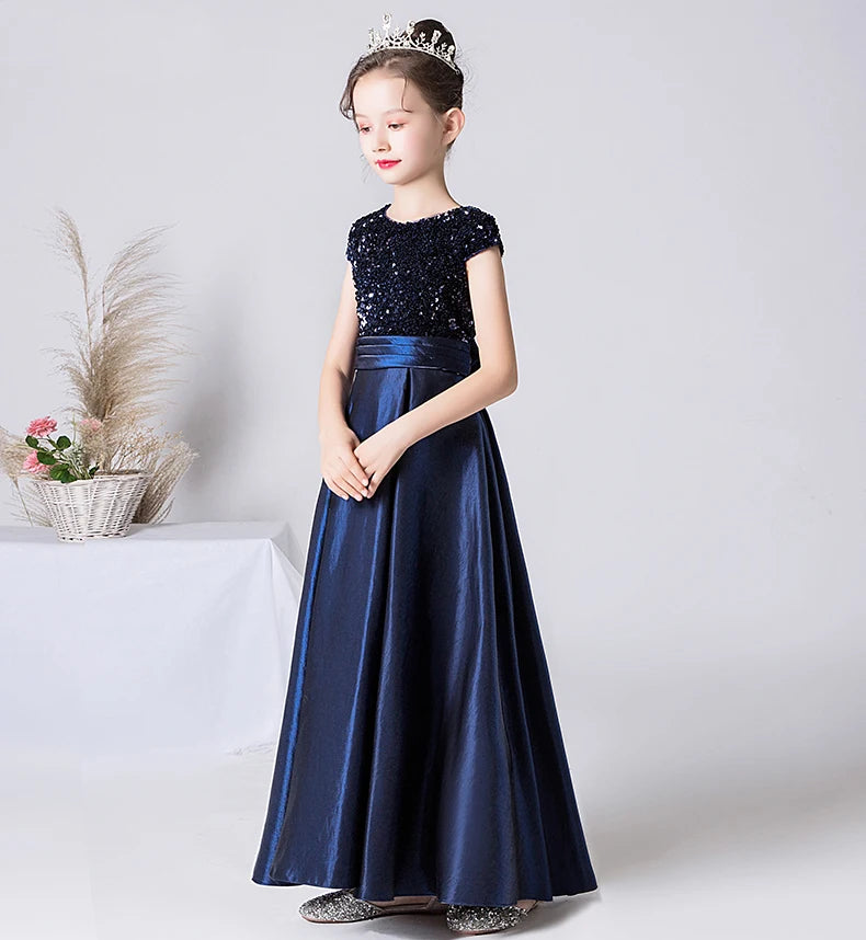 Sequin Girl Dresses Sashes Satin Formal Princess Gown Party Dress