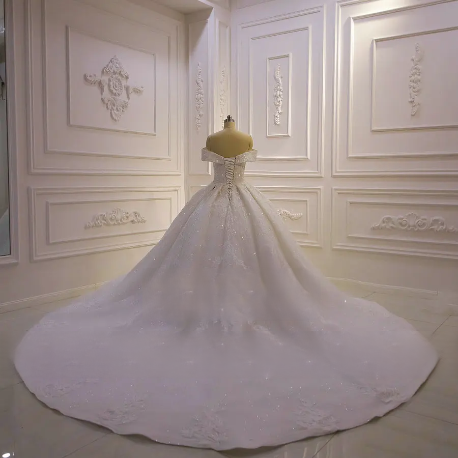 Elegant Off Shoulder Full Lace Wedding Gown with Beaded Details and Delicate Straps