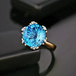 Round Cut 9.68ct Blue Topaz 14k Yellow Gold Diamond Ring