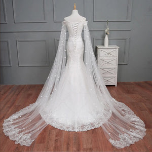 Beading Pearls Crystal Appliques Flowers Mermaid Wedding Dress Bridal Gown