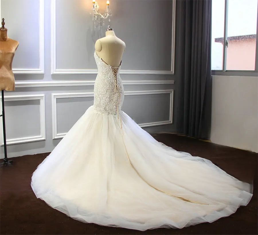 Champagne Mermaid Wedding Dress – Fully Beaded Shiny Bridal Gown