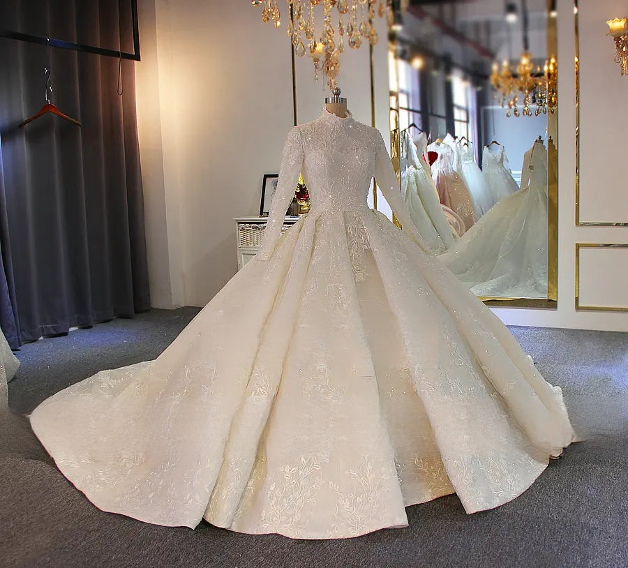 Muslim Wedding Bridal Dress with Long Sleeves and Full Lining for Modest Elegance