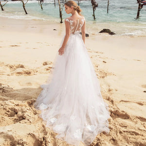 Sexy Beach Wedding Dress Cap Sleeve See Through Back Elegant Bridal Dress