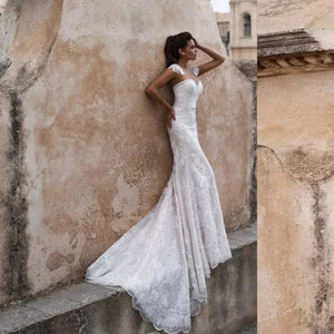 Elegant Beach Wedding Dress Detachable Train See Through Back Bridal Dress