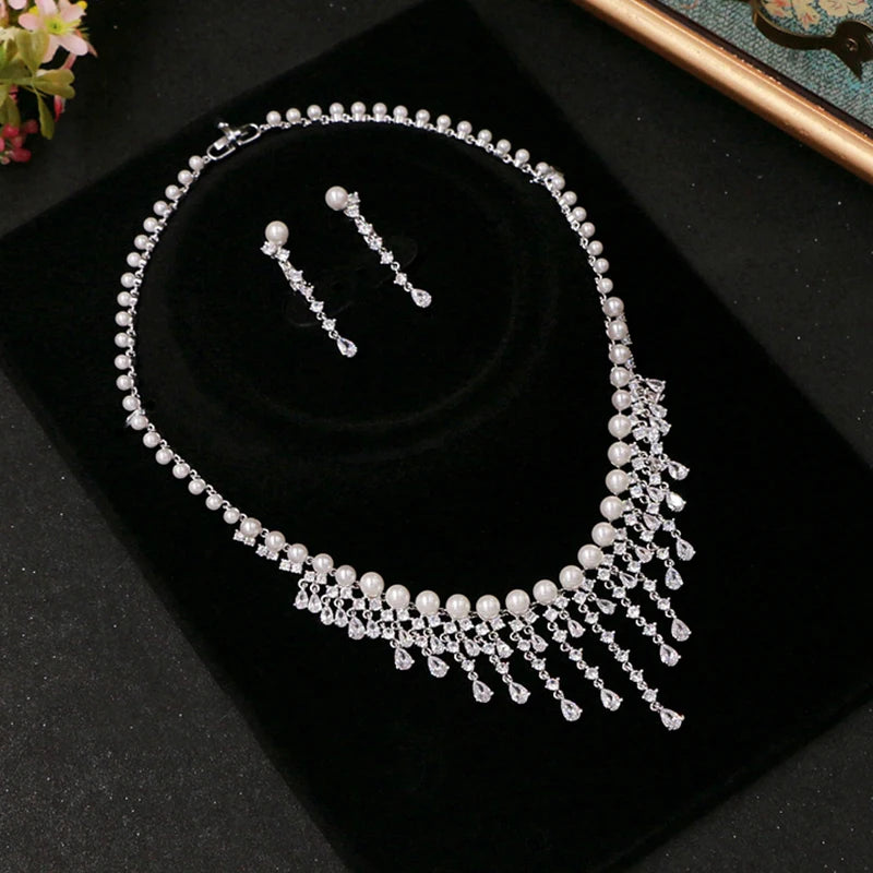 CZ Pearl Bridal Jewelry Set – Elegant Tassel Necklace & Earrings