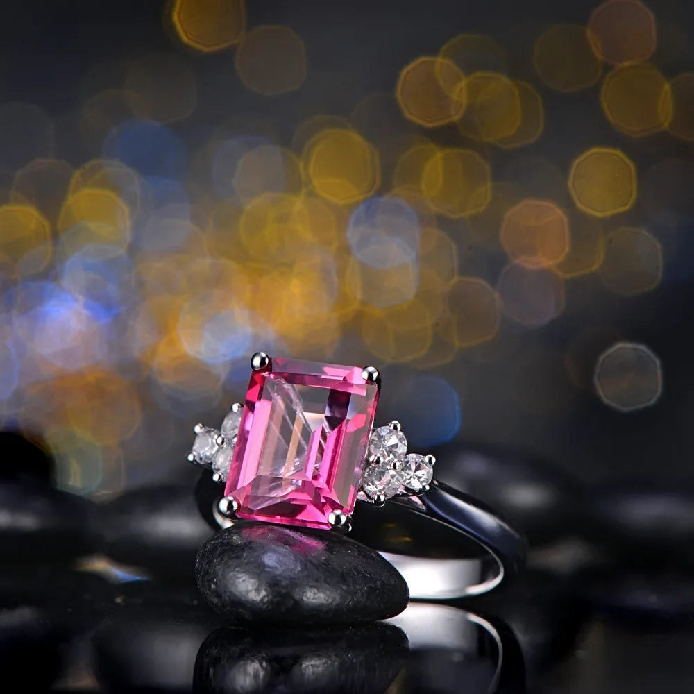 szul.com 5MM Cushion Cut Pink Topaz and Diamond Halo Ring in 10K White Gold