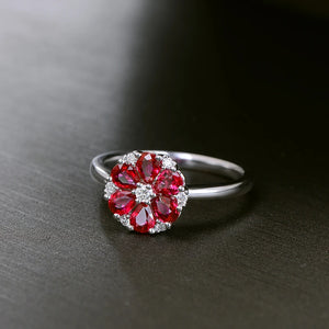 Red Ruby Diamond Flower Engagement 14k White Gold Ring