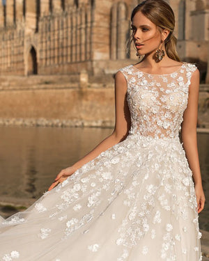 Off Shoulder Beach Wedding Dress Luxury 3D Flowers Princess Bridal Dress