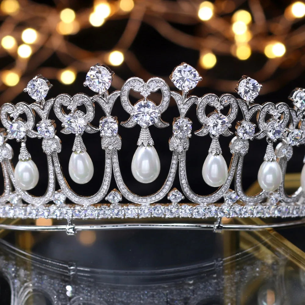 New Design Crystals and Peals Zircon Bridal Crown Princess Tiaras