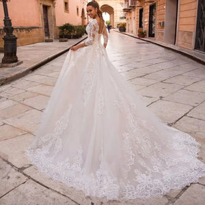 Three Quarter Sleeve Elegant Beach Wedding Dress A-Line Bridal Gown