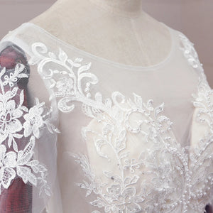 Long Sleeve Mermaid Wedding Dress Luxury Pearls Tulle Open Back Bridal Dress