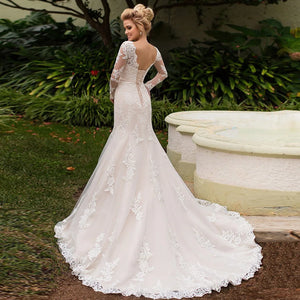 Long Sleeve Mermaid Wedding Dress Scalloped Neck Luxury Bridal Dress
