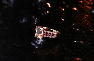 Emerald Cut 2.18CT Morganite 0.32ct Diamond Ruby 18K Rose Gold Ring