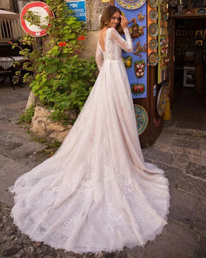 A-Line Boho Wedding Dress Elegant Long Sleeve Lace Bridal Gown