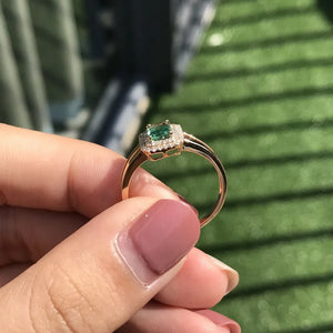 Emerald Double Halo 0.6ct NaturalGreen Diamond Ring 14k Yellow Gold