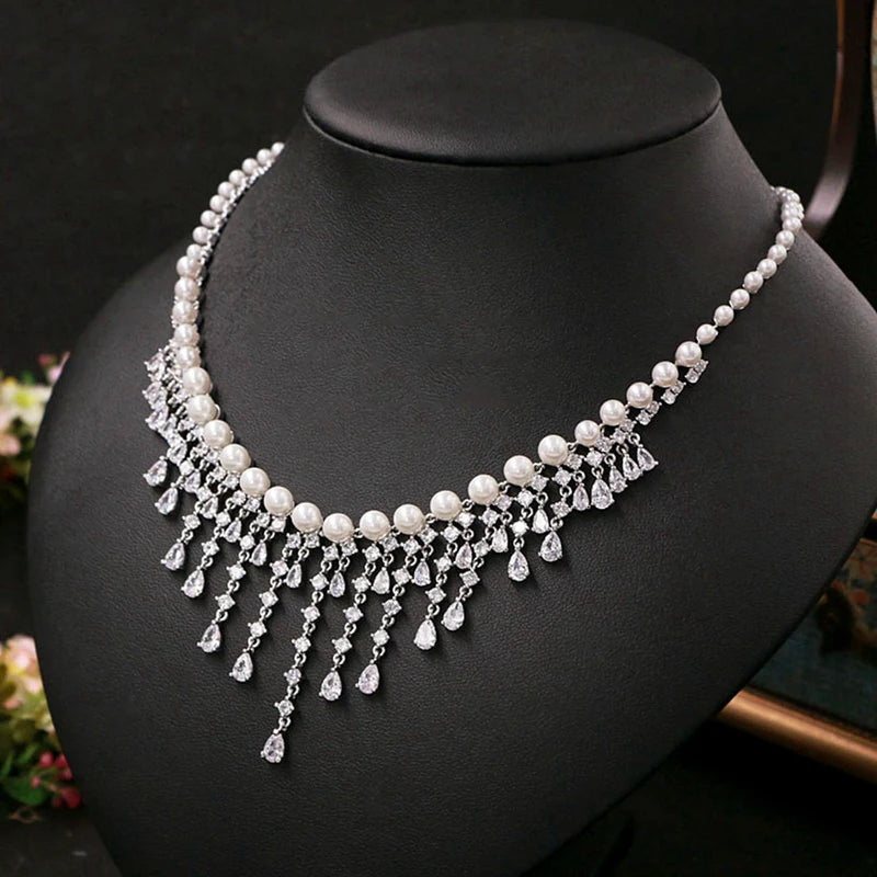 CZ Pearl Bridal Jewelry Set – Elegant Tassel Necklace & Earrings