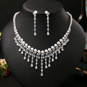 CZ Pearl Bridal Jewelry Set – Elegant Tassel Necklace & Earrings