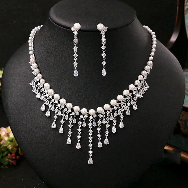 CZ Pearl Bridal Jewelry Set – Elegant Tassel Necklace & Earrings